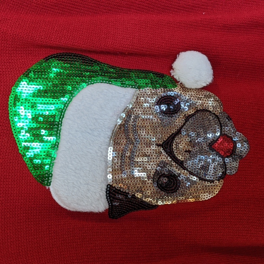 George Womens Ugly Christmas Sweater-pug. Holiday Sweater. Sequins